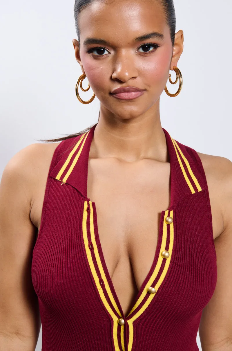 ALWAYS LUCKY RIBBED SLEEVELESS BODYSUIT IN BURGUNDY