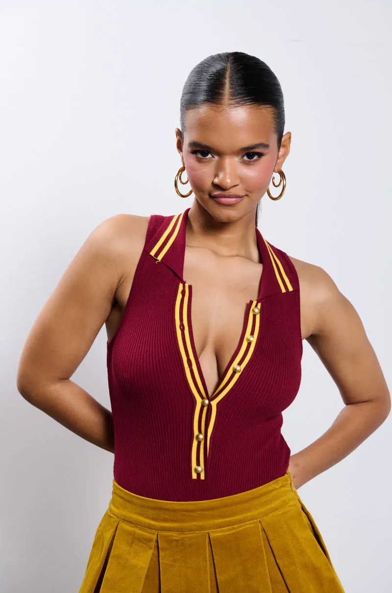 ALWAYS LUCKY RIBBED SLEEVELESS BODYSUIT IN BURGUNDY