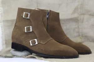 Ankle High Brown Triple Buckle Boot, Men's Handmade Size Zipper Suede Boot