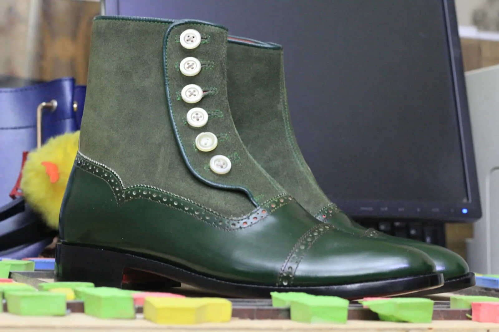 Ankle High Green Leather Suede Button Top Men's Boot, Hand Painted Boot