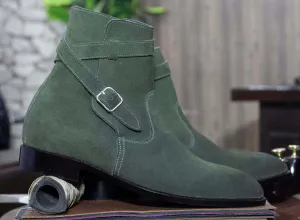 Ankle High Handmade Green Suede Jodhpurs Style Boot For Men's