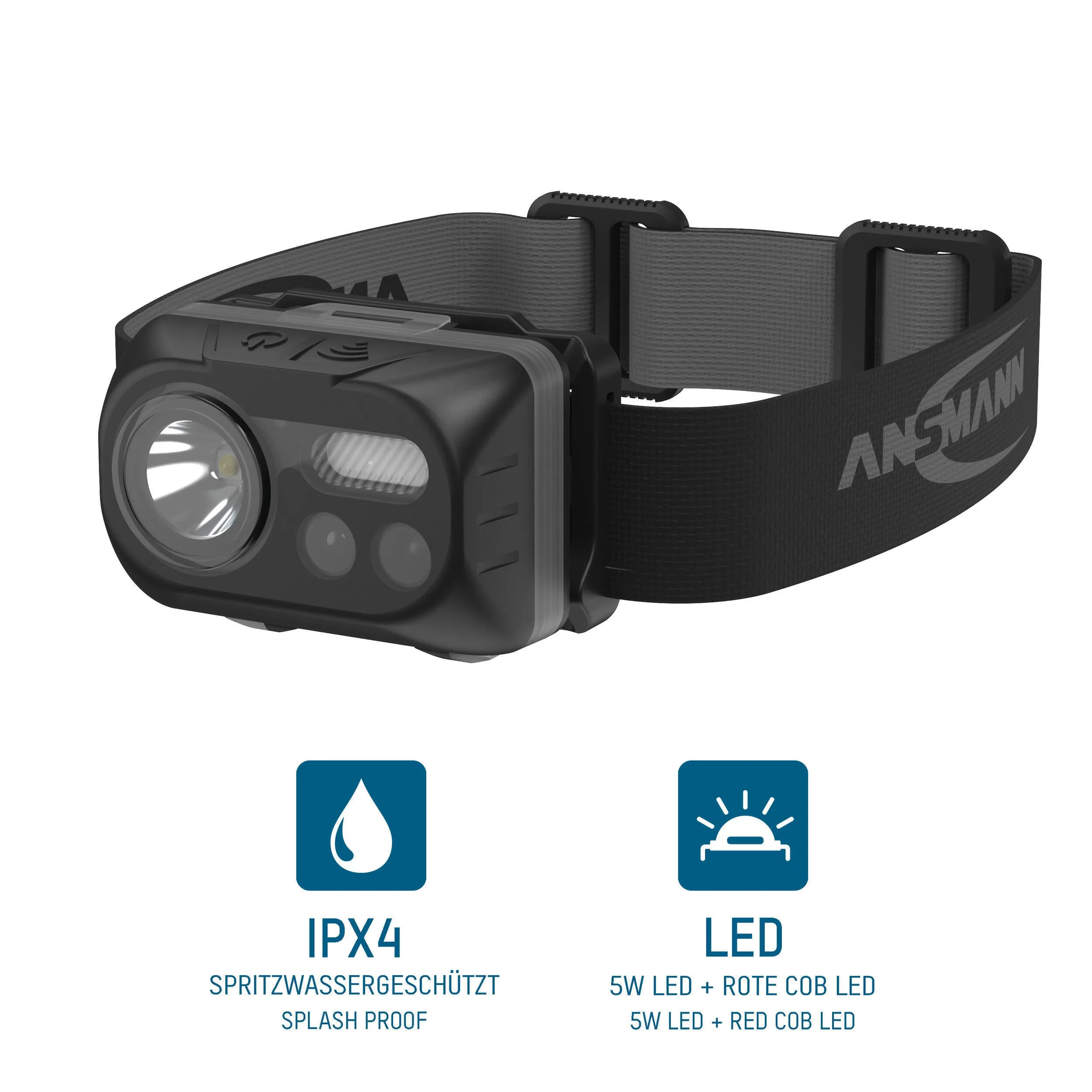 Ansmann LED headlamp with gesture control including batteries and 4 mounting clips, black