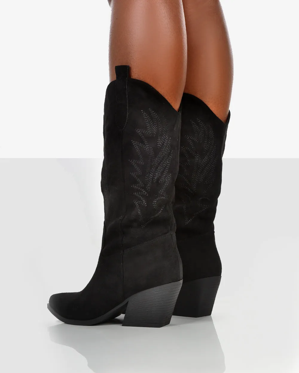 Arizona Black Faux Suede Western Embroidered Pointed Toe Knee High Cowboy Boots