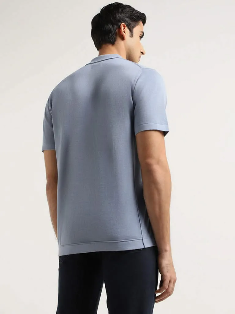 Ascot Blue Self-Patterned Cotton Relaxed Fit T-Shirt