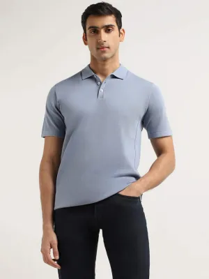 Ascot Blue Self-Patterned Cotton Relaxed Fit T-Shirt