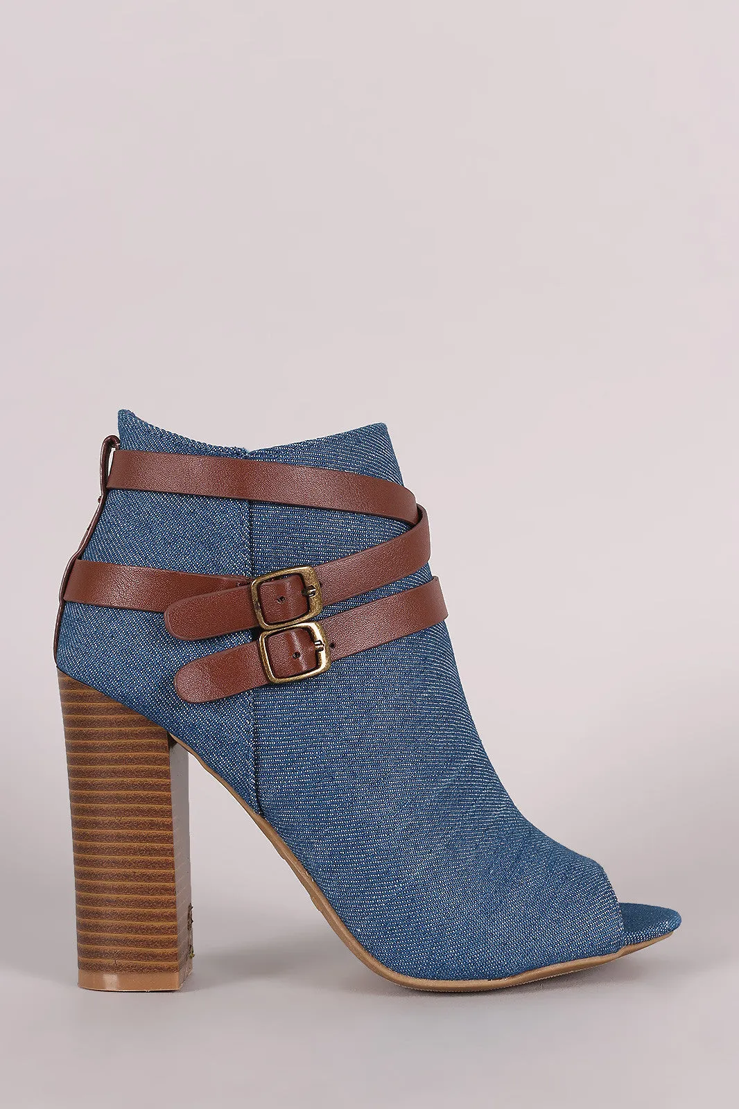 Bamboo Denim Buckled Strap Chunky Heeled Booties