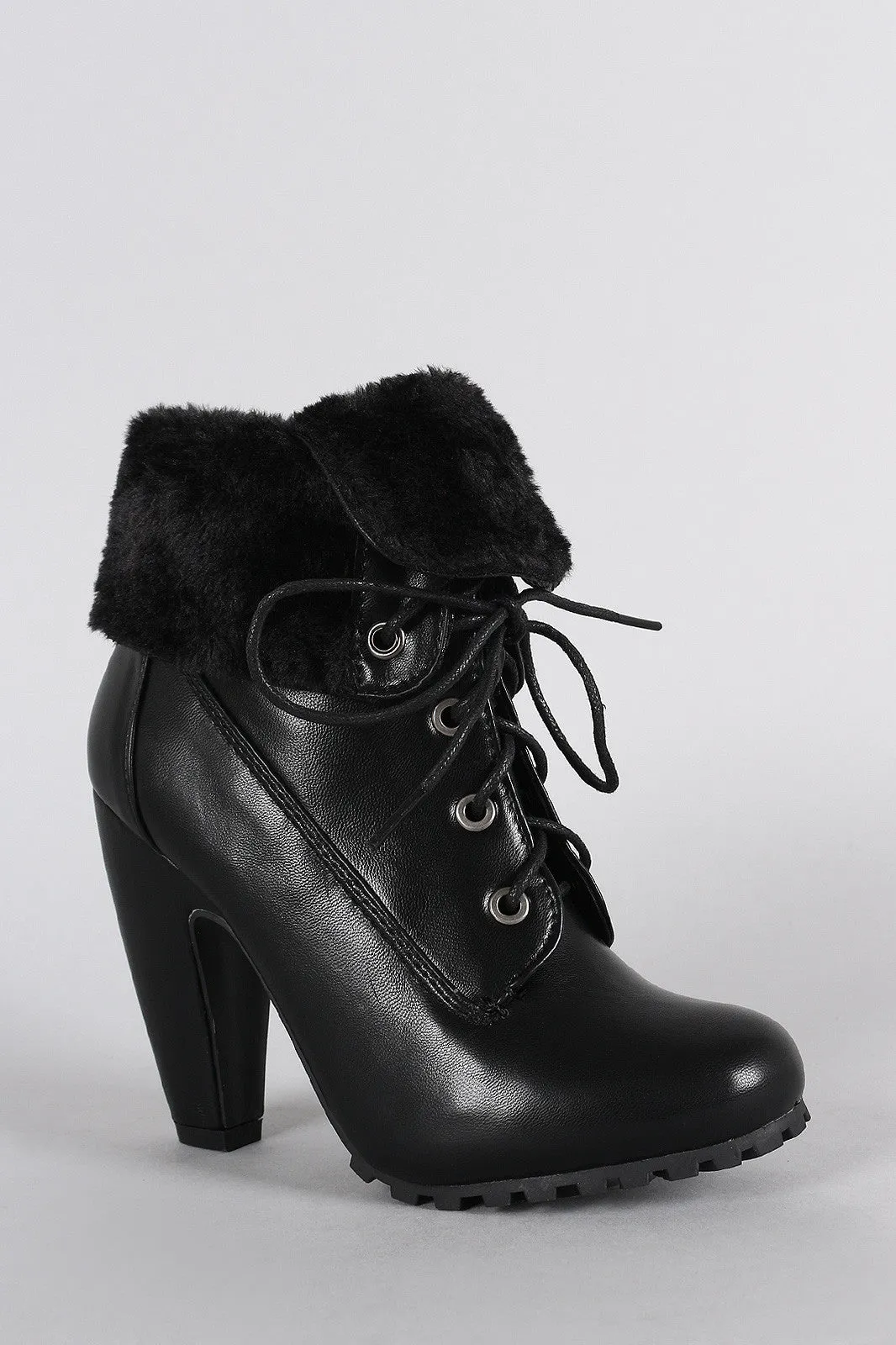 Bamboo Fold-Over Faux Fur Collar Heeled Oxford Booties