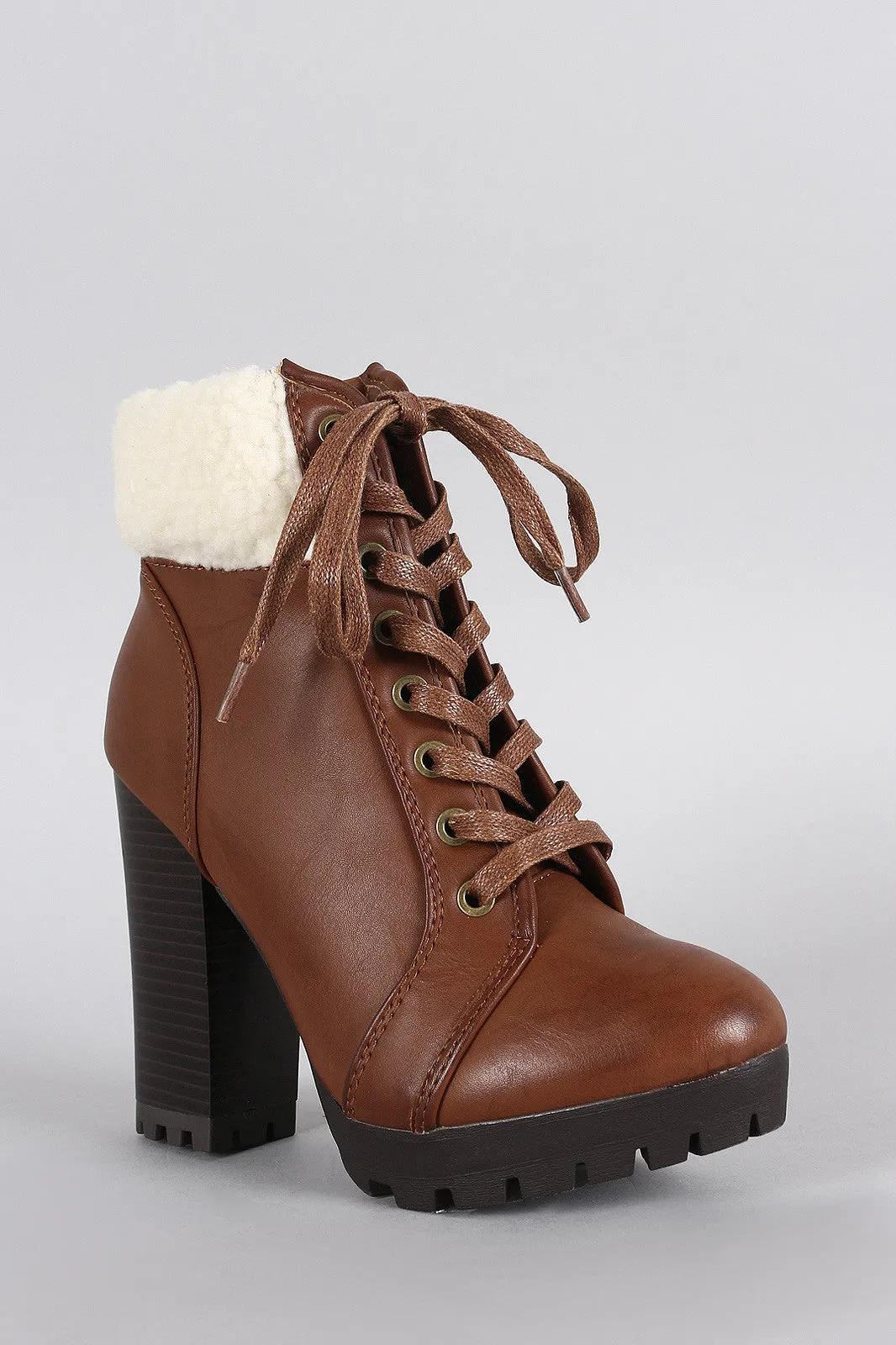 Bamboo Shearling Cuff Combat Lace Up Heeled Ankle Boots