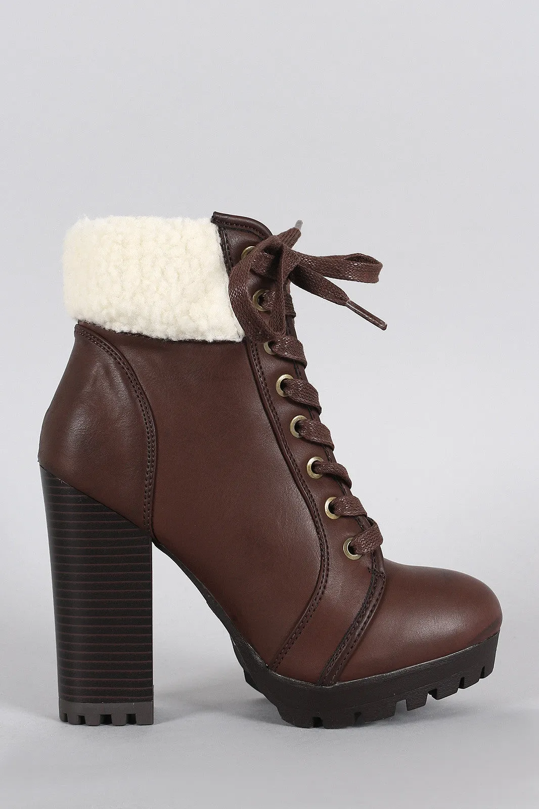 Bamboo Shearling Cuff Combat Lace Up Heeled Ankle Boots