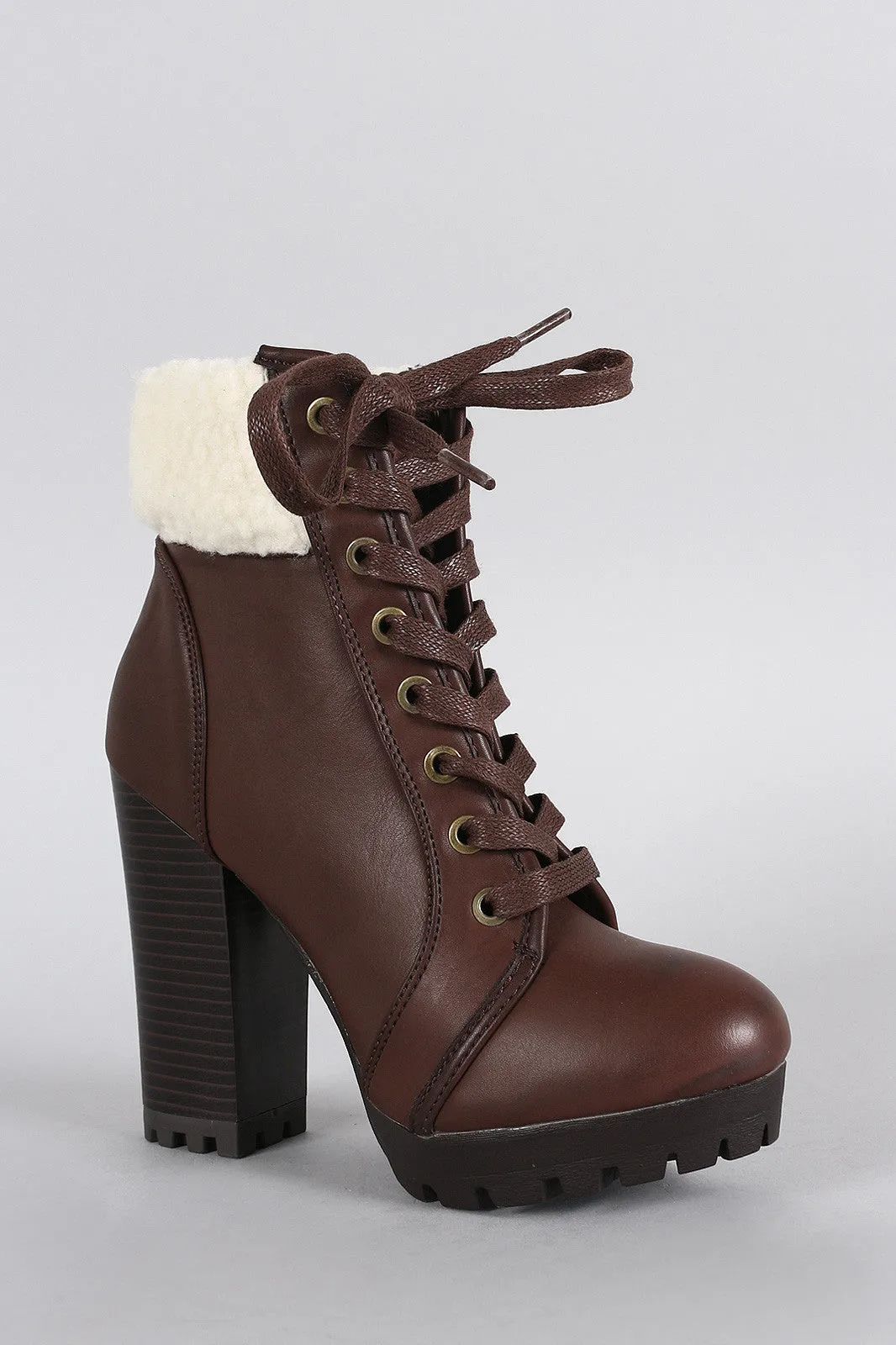 Bamboo Shearling Cuff Combat Lace Up Heeled Ankle Boots