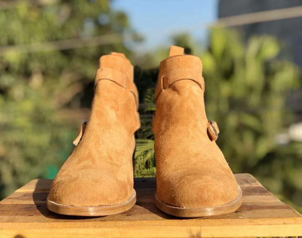 Beige Jodhpurs Suede Ankle Boots For Men