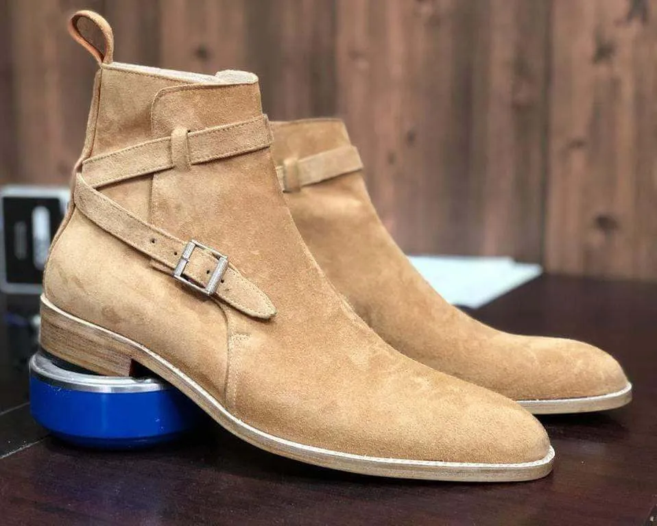 Beige Jodhpurs Suede Ankle Boots For Men