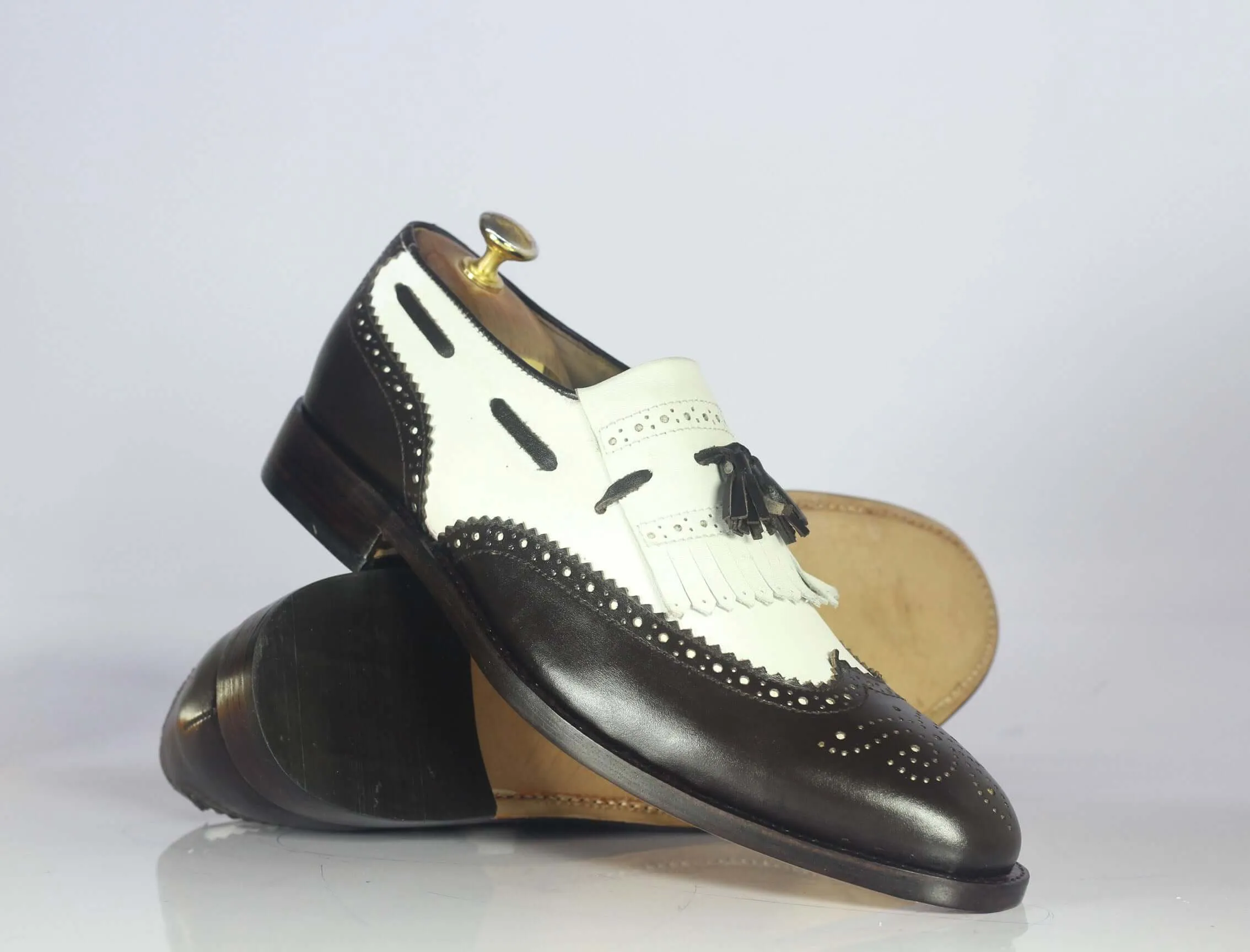 Bespoke Black White Wing Tip Fringe Shoes for Men's