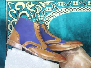 Bespoke Blue & Brown Leather Suede Wing Tip Ankle Lace Up Boot