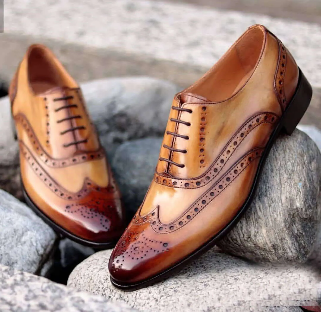 Bespoke Two Tone Wing Tip Brogue Lace Up Shoes for Men's