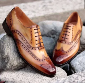 Bespoke Two Tone Wing Tip Brogue Lace Up Shoes for Men's