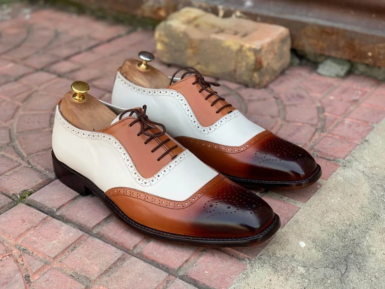 Bespoke White & Brown Square Toe Leather Shoes,Men Handmade Dress Oxford Shoes