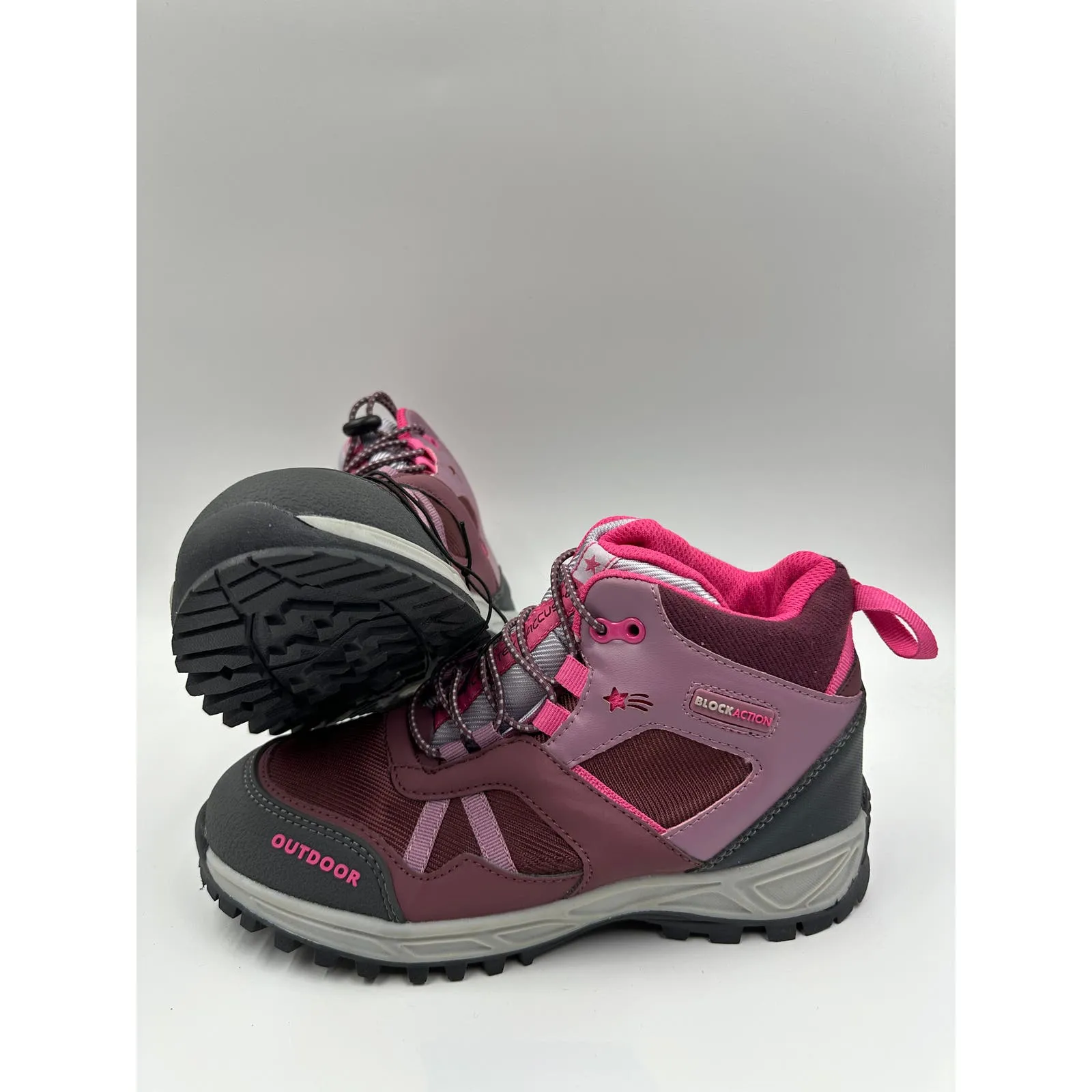 Big Kid Size 5, High Top Pink and Purple Hikers w/ Elastic Cinch Straps