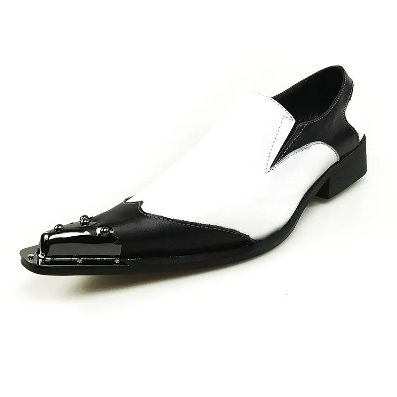 Black Metal Pointed Toe Classic Black and White Genuine Leather Patchwork Men Loafer Shoes