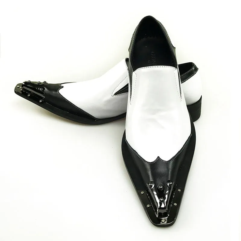 Black Metal Pointed Toe Classic Black and White Genuine Leather Patchwork Men Loafer Shoes