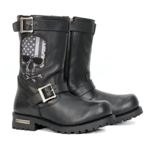 BTM1018 Menâ€™s Black Tall Harness Flag Skull Boot with Round Toe