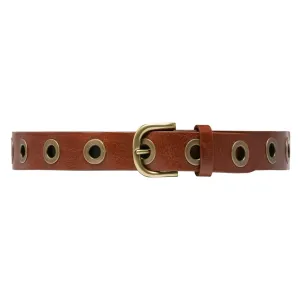 Cool jeans leather belt decorated with large eyelets / 13702 - Cognac