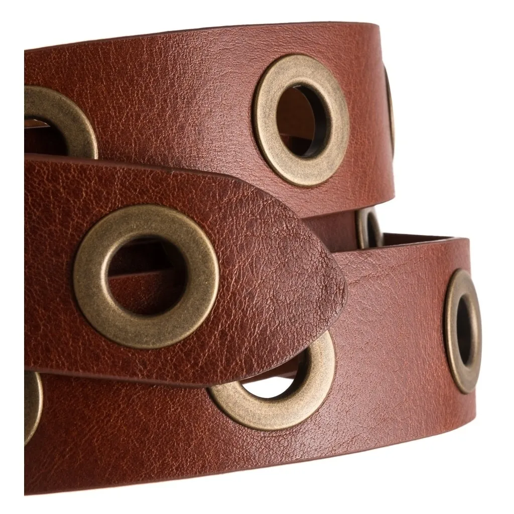 Cool jeans leather belt decorated with large eyelets / 13702 - Cognac