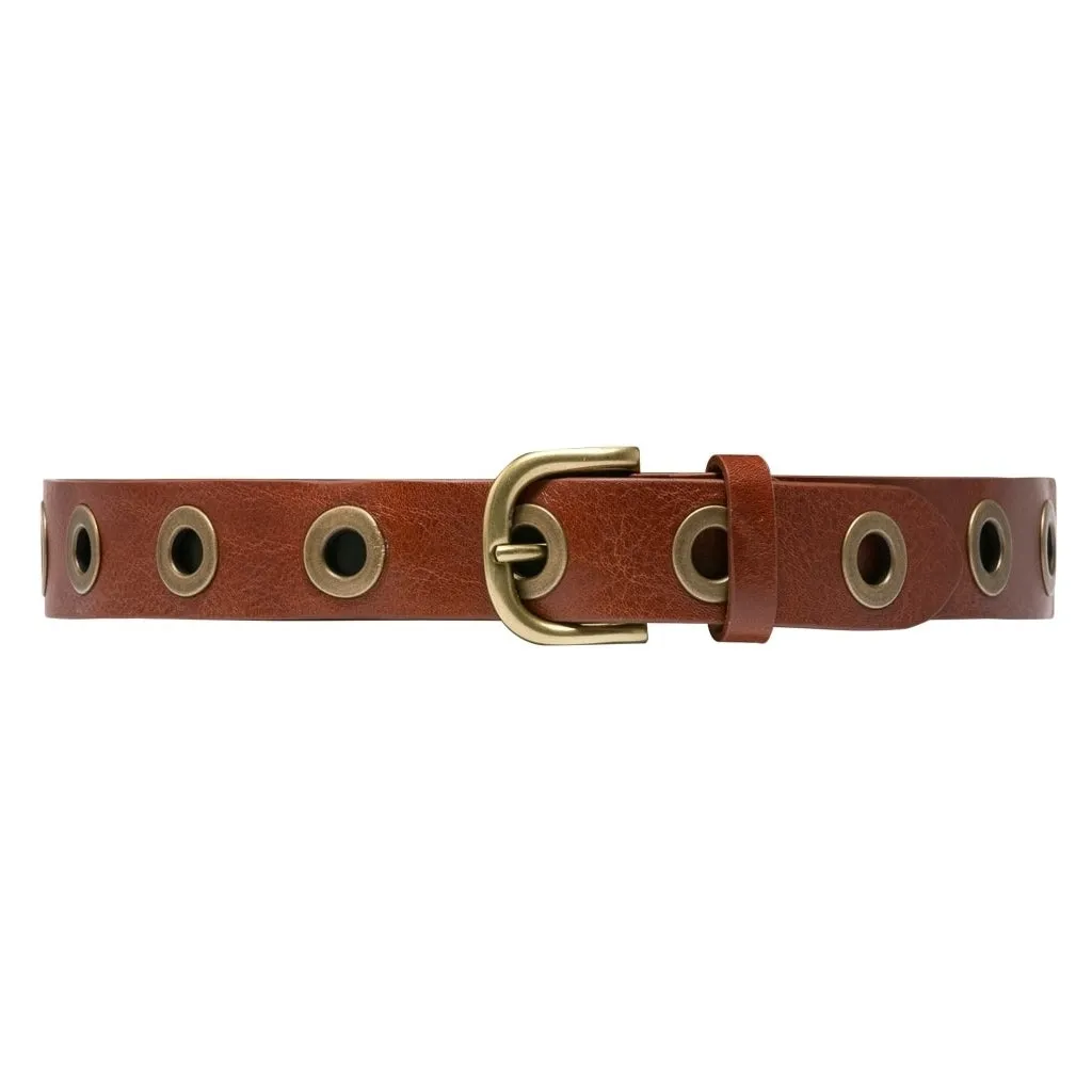 Cool jeans leather belt decorated with large eyelets / 13702 - Cognac