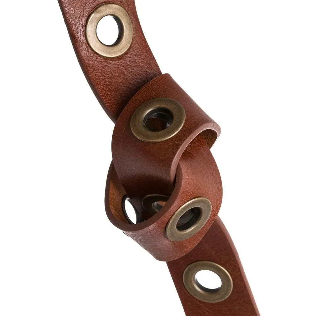 Cool jeans leather belt decorated with large eyelets / 13702 - Cognac