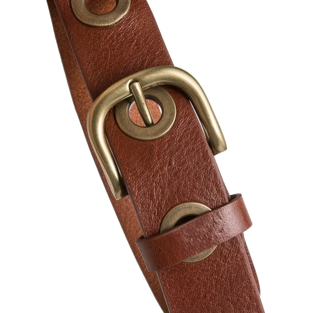 Cool jeans leather belt decorated with large eyelets / 13702 - Cognac