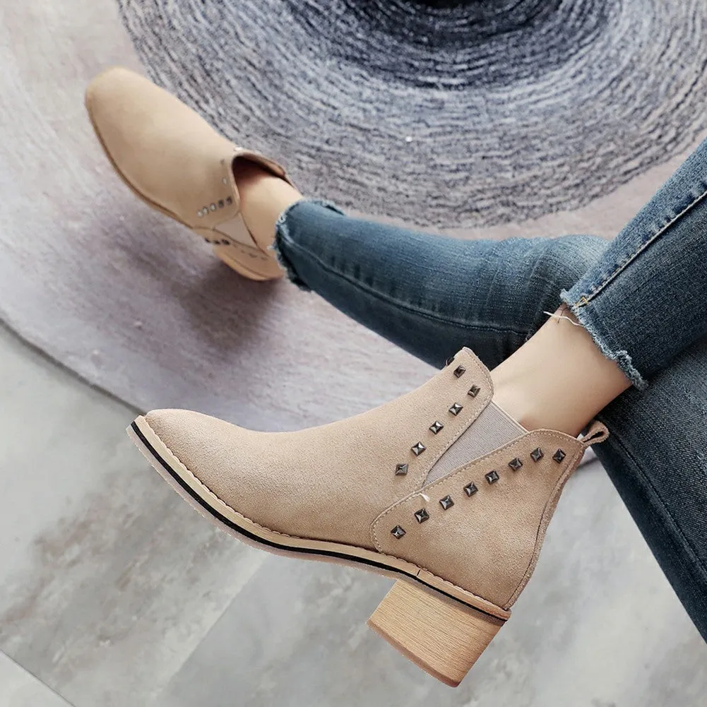 Cow Suede leather Ankle boots Woman Rivet Heels