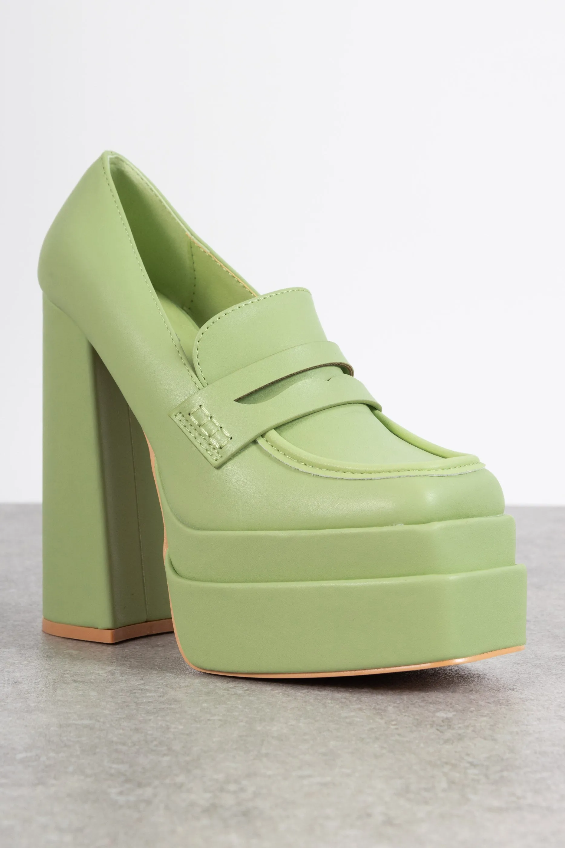 Daisy Street Double Platform Heeled Loafers in Lime