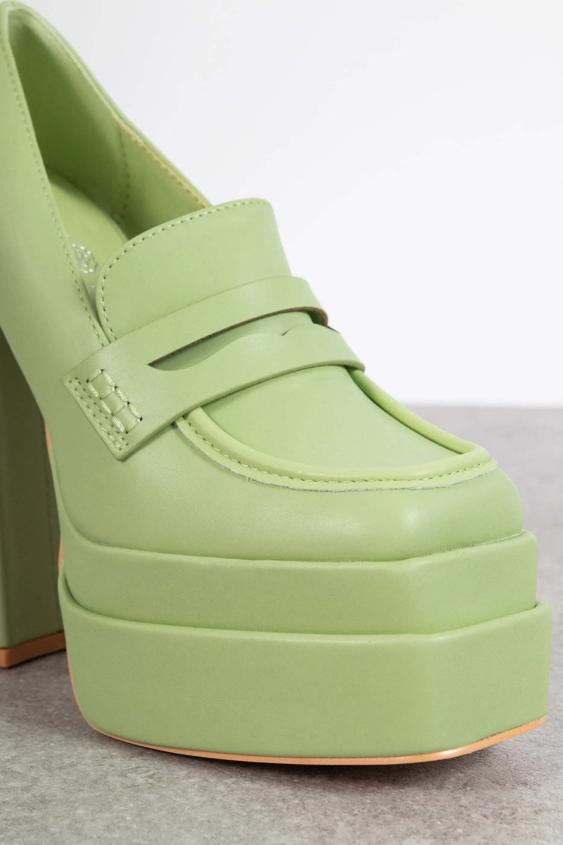 Daisy Street Double Platform Heeled Loafers in Lime