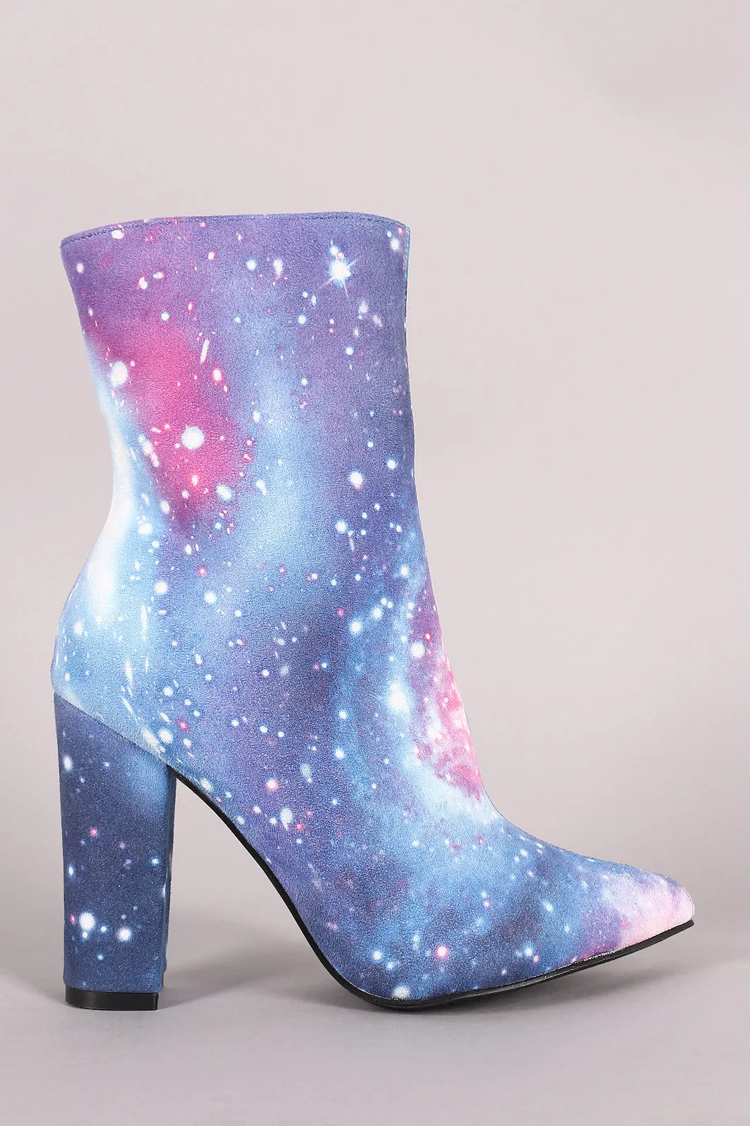 Galaxy Print Pointy Toe Chunky Heeled Ankle Boots