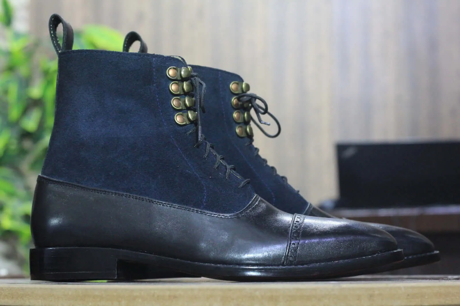 Handmade Ankle High Navy Blue Leather Suede Boot, Lace Up Boots For Men's