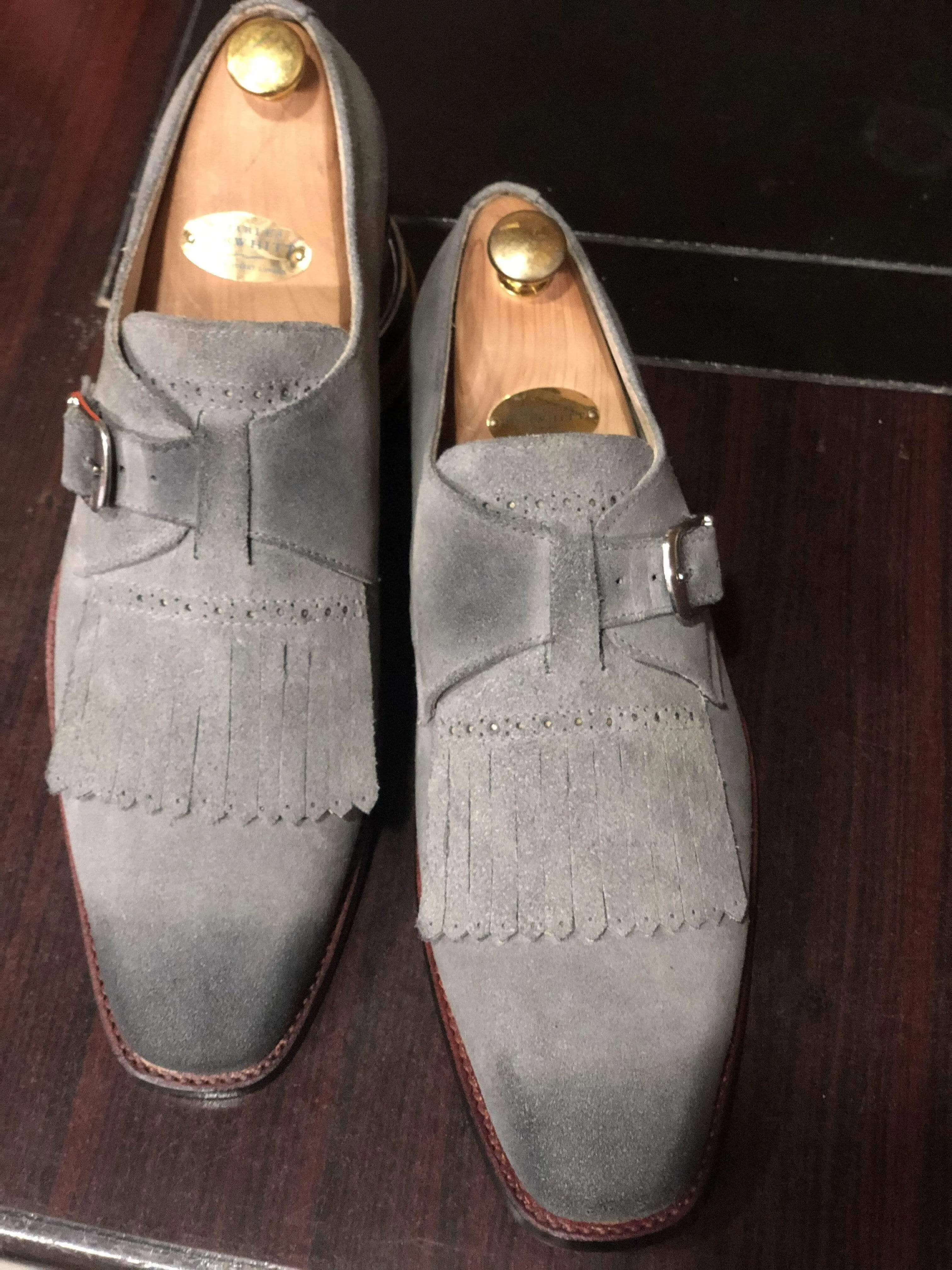 Handmade Gray Fringe Buckle Suede Shoes For Men's