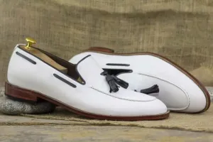 Handmade New Stylish White Loafer Leather Tussle Penny Loafer Shoes For Men's