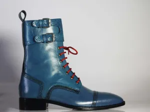 Men's Blue Leather Ankle High Red Lace Up Boot,Handmade Boot