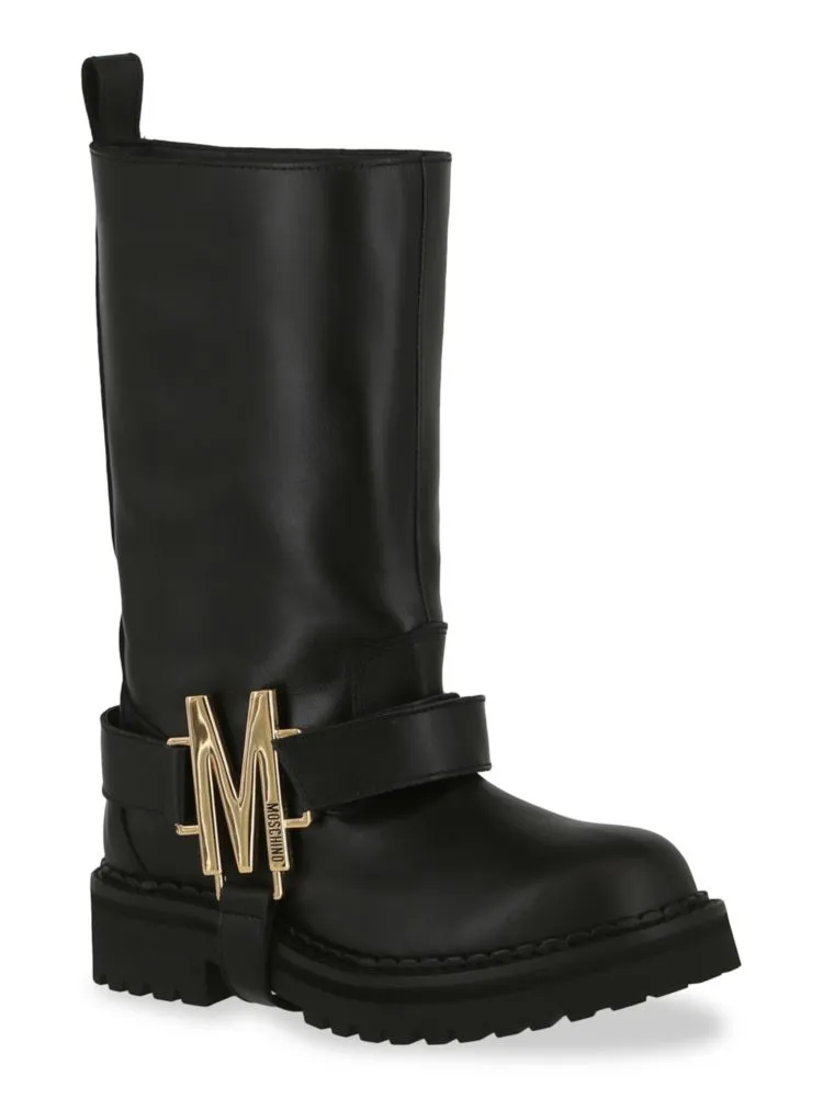 Moschino Leather Lug Sole Biker Boots, Black