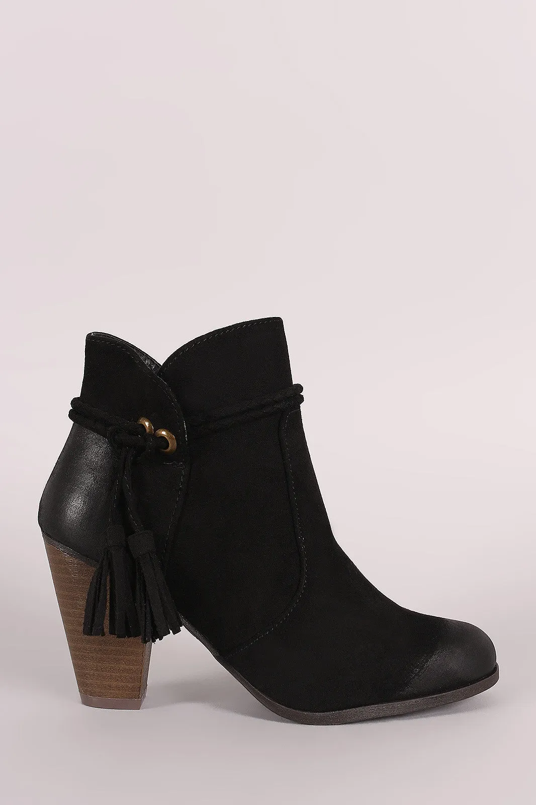 Qupid Burnished Suede Tassel Chunky Heeled Ankle Boots