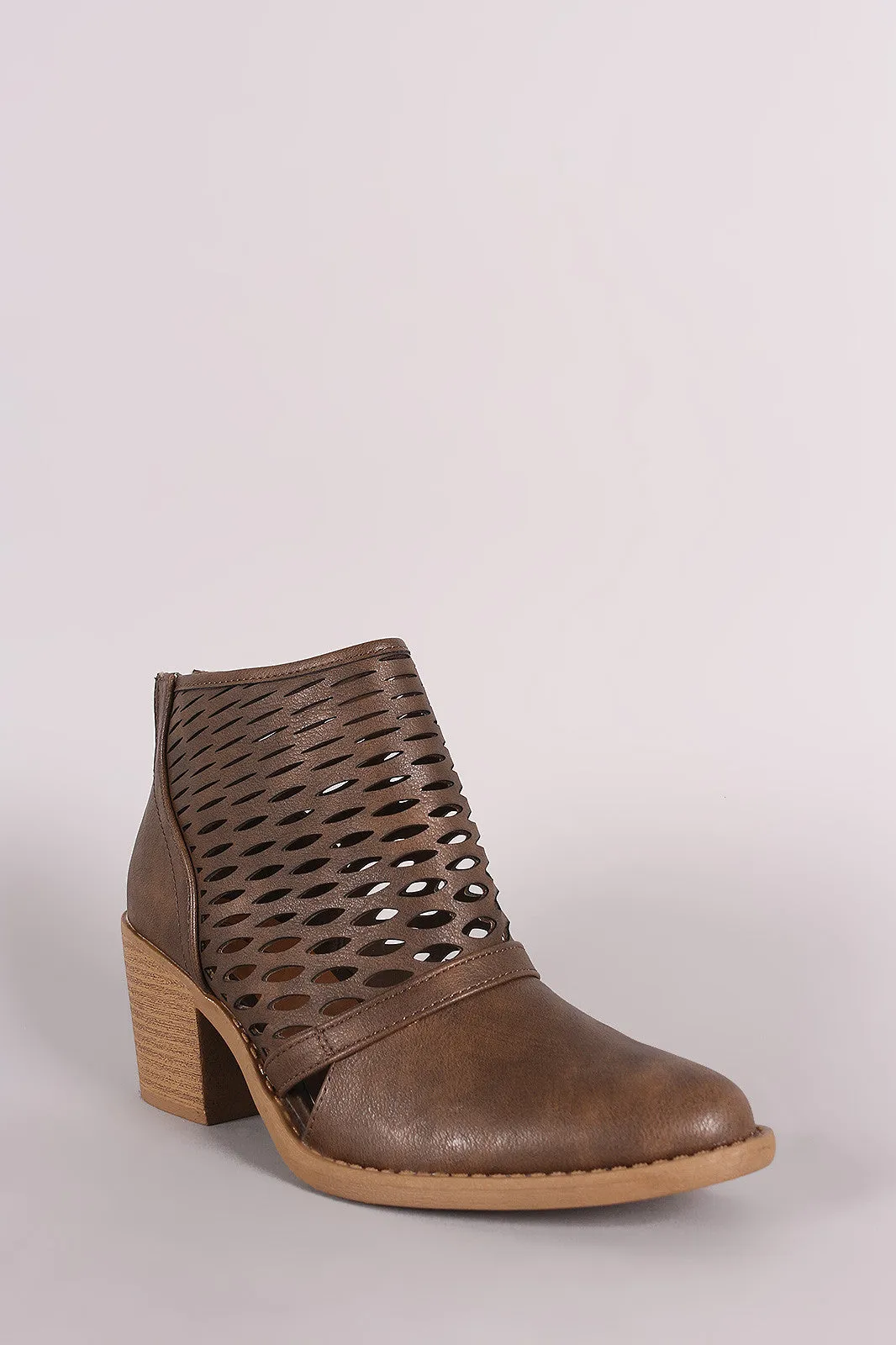 Qupid Perforated Cowgirl Chunky Heeled Booties