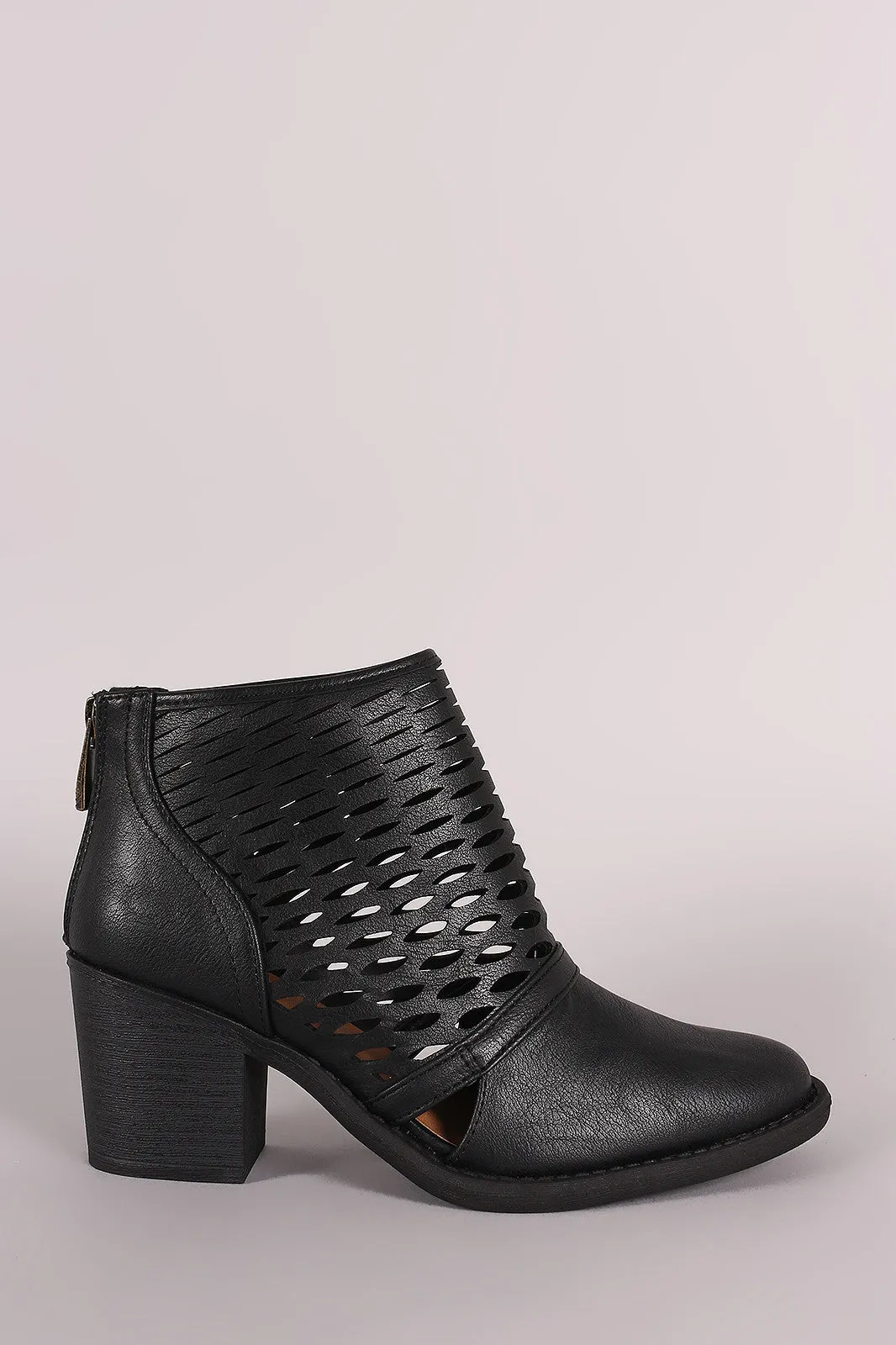 Qupid Perforated Cowgirl Chunky Heeled Booties