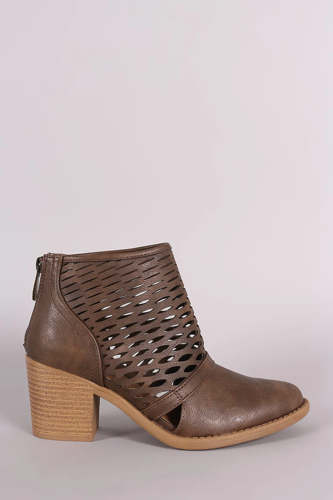 Qupid Perforated Cowgirl Chunky Heeled Booties