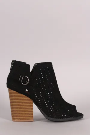 Qupid Perforated Suede Buckled Chunky Heeled Booties