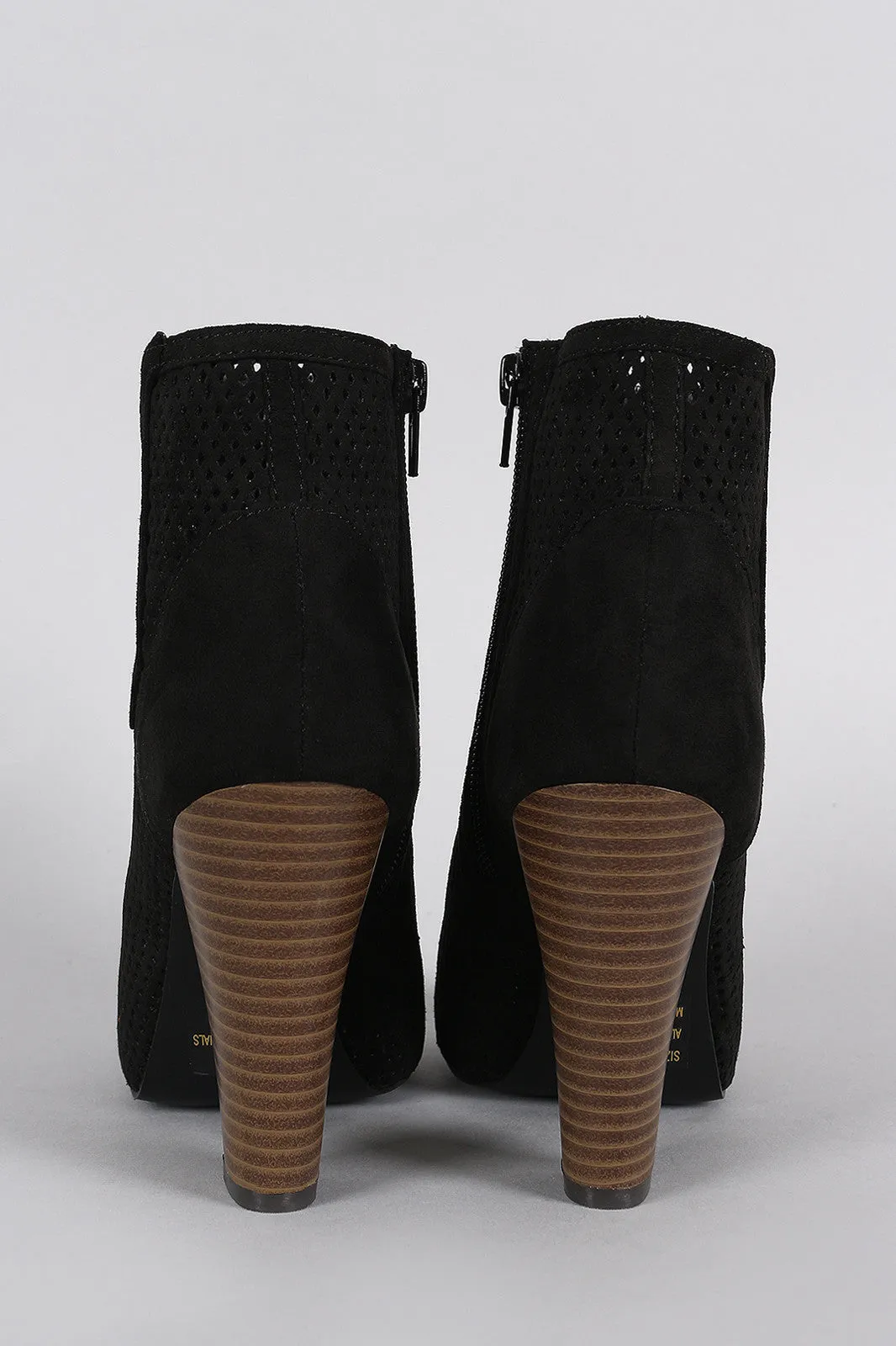 Qupid Perforated Suede Peep Toe Chunky Heeled Booties