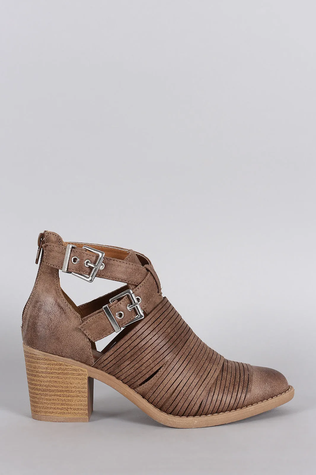 Qupid Slashed Crisscross Buckled Strap Chunky Heeled Ankle Boots