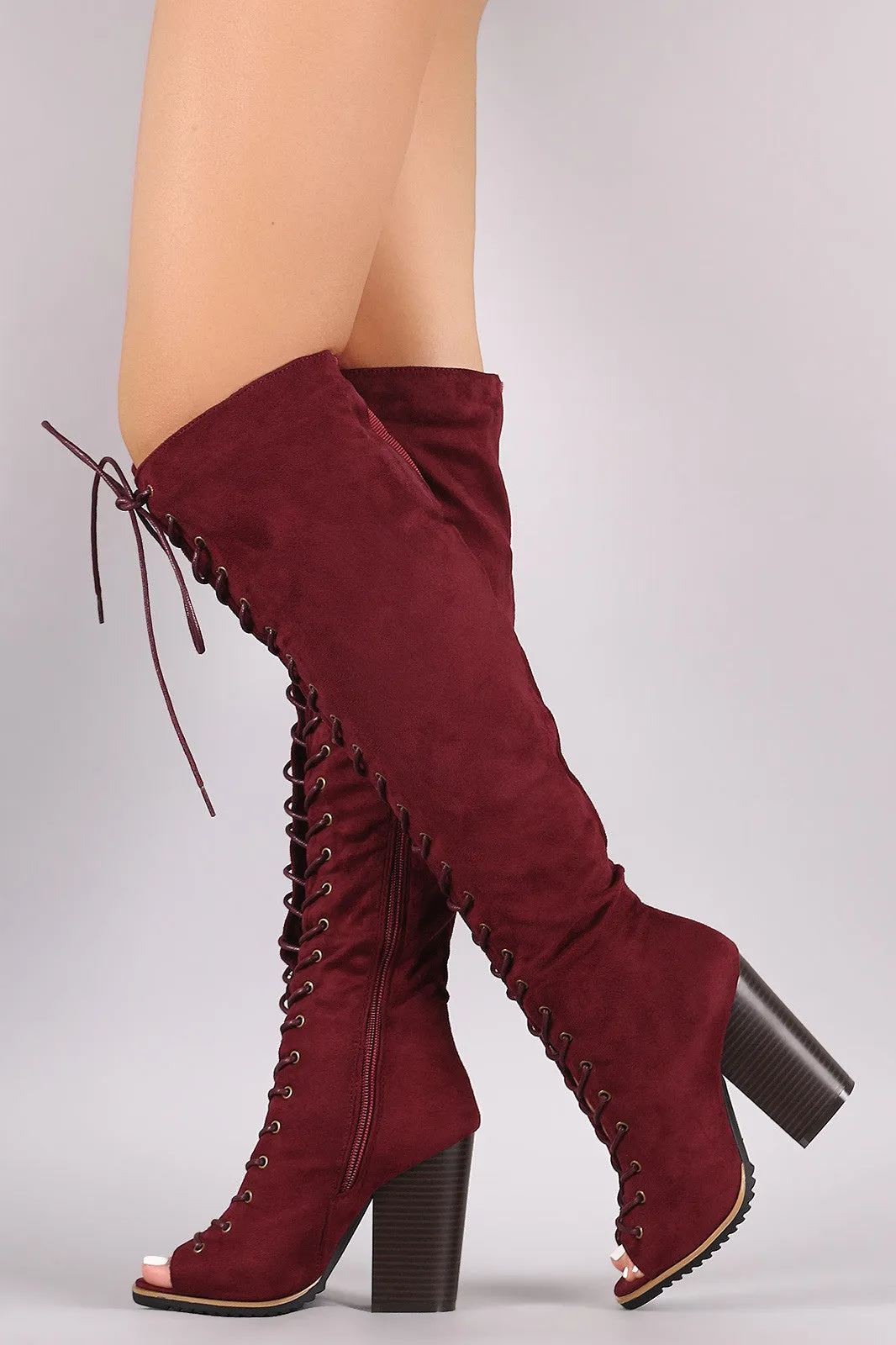 Suede Lace Up Peep Toe Lug Sole Chunky Heeled Boots