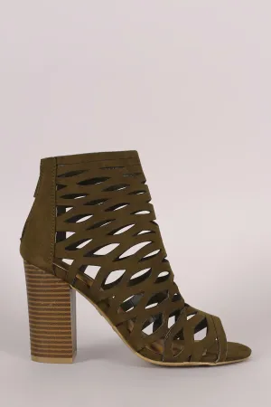 Tawi - Suede Caged Cutout Chunky Heeled Booties