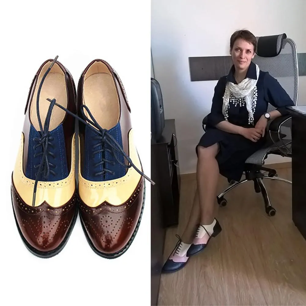 Women's Vintage Genuine Leather Lace-Up Flat Oxford Shoes